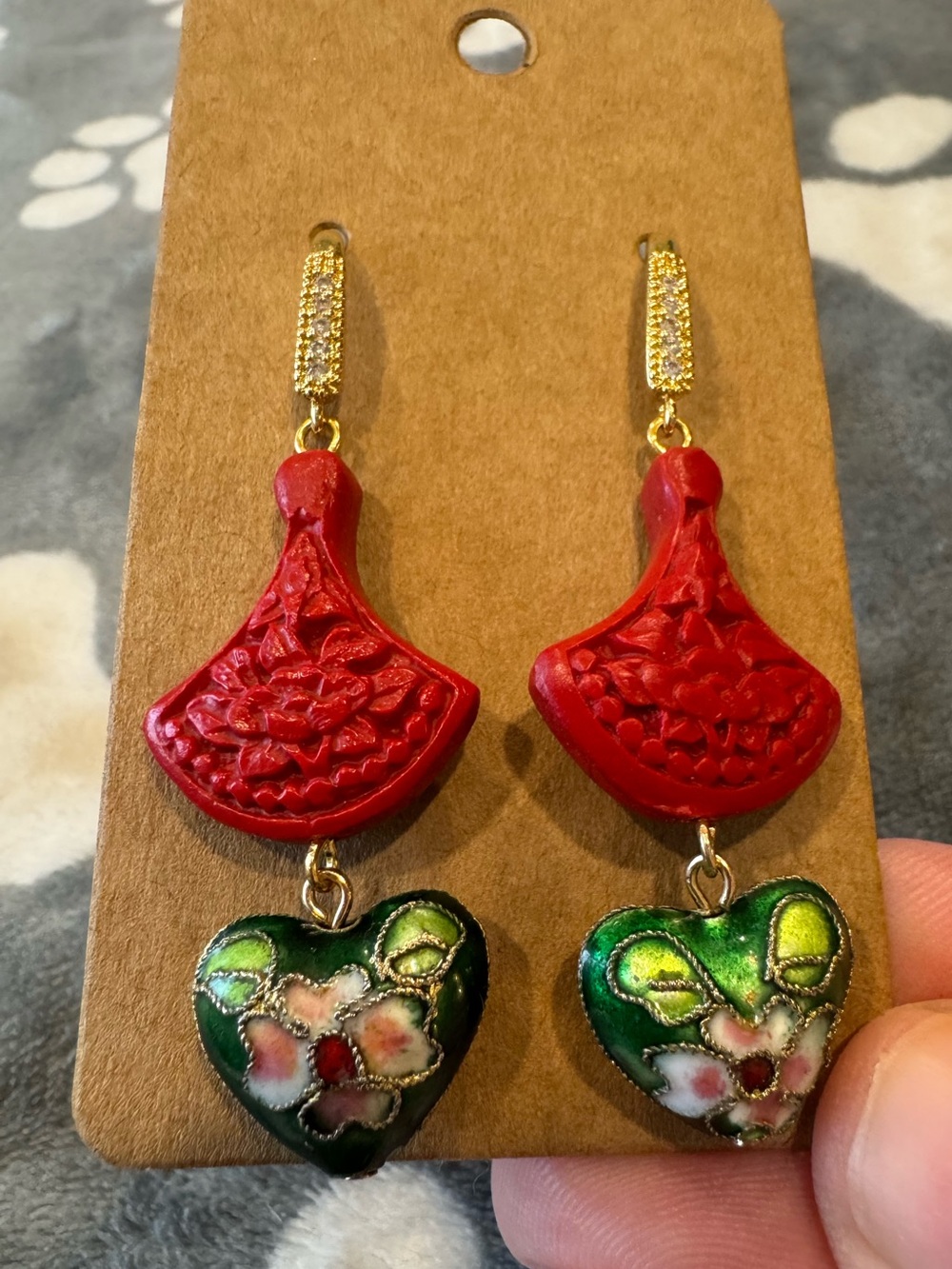 Artisan Cinnabar Fan and Vintage Cloisonné Hearts Beaded Earrings🧁 - Picture 3 of 5